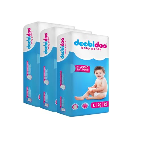 Image of Doobidoo Classic Baby Diaper Pants - L Size | High Absorbency with Cottony Bubble Soft Topsheet, Anti-Leak Side Cuffs & Rash-Free Comfort | Gentle Protection (9-14 kg) - Pack of 3 | 90 Count