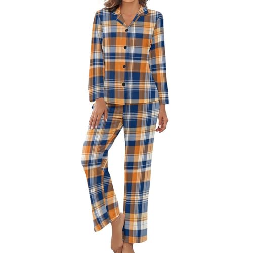 Ensemble de pyjama femme manches longues vêtement de nuit fluide pantalon à carreaux