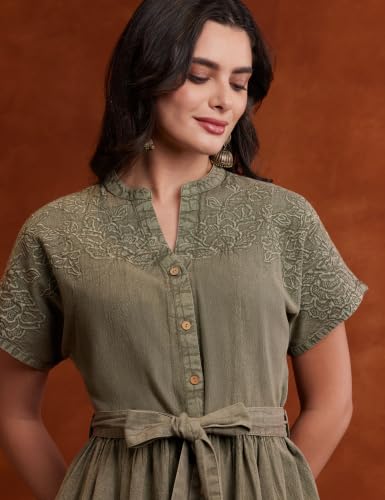 Image of Amazon Brand - Myx Women's Embroidered Shirt Dress | Cotton Blend | Below The Knee (Available in Plus Sizes)