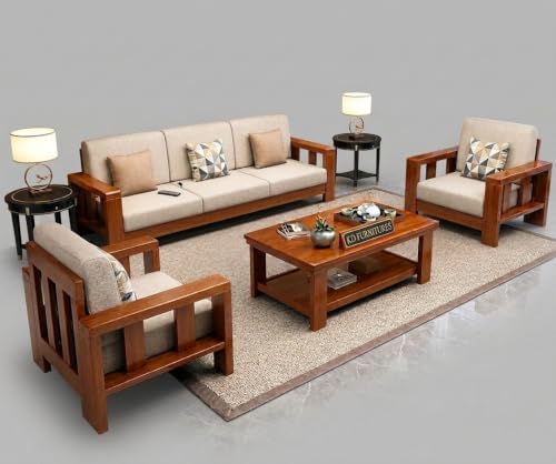 Image of GOLDEN TOUCH Sheesham Wood Sofa Set for Living Room || Sofa Sets 5 Seater || Wooden Sofa Sets Furniture || Without Pillow || Sofa 3+1+1 || Home Furniture Sofa Sets || Honey Finish