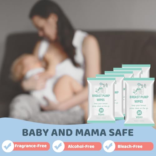 Threlaco 6 Pack 120 Count Breast Pump Wipes Quick Clean and Irritant Free Resealable Convenient Breast Pump Cleaning Wipes Hygienic Breastfeeding Supplies(Green)