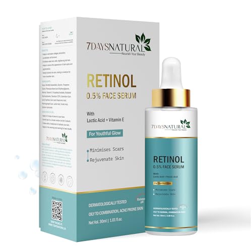 Image of 7DAYSNATURAL Retinol Face Serum | 0.5% Retinol with Lactic Acid & Vitamin E | Night Serum for Wrinkles, Fine Lines & Scars | Oily to Combination Skin | 30ml