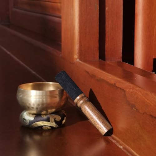 Tibetische Klangschalen Set Ø8cm, Klangschale klein für Yoga Meditation Entspannung, Hand gehämmert Messing Singing Bowl mit Holz Klöppel Klangschalenkissen Aufbewahrungsbeutel (Schwarz-Gold)