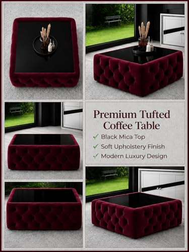 Image of Premium Tufted Upholstered Coffee Table with Mica Top - Modern Square Ottoman Center Table, Soft Velvet Finish, Luxury Living Room Furniture - 30 x 30 x 18 Inch (Maroon)