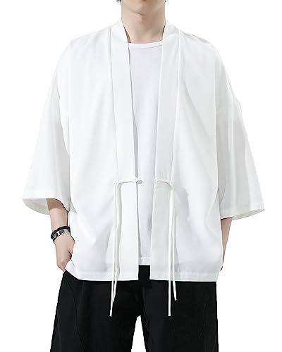 Image of Mens Kimono Cardigan Cotton Linen Japanese Shirt 3 /4 Sleeve Haori Yukata | Skin-Friendly Solid Color Lightweight Shawl Collar Kimono Robe Embroidery Button Tie Pockets Happi Coat All Season Daily Wear
