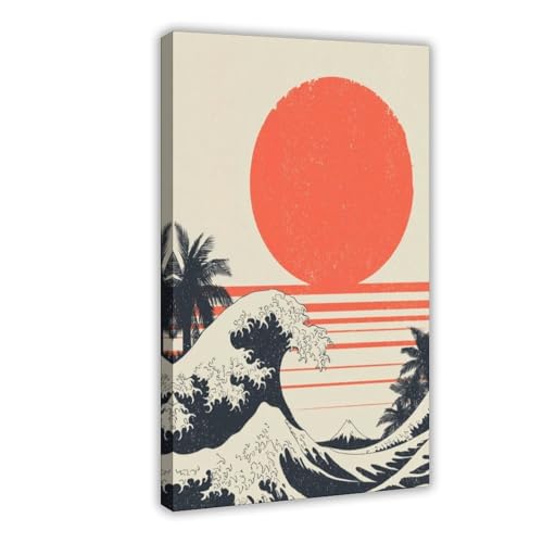 Vague et soleil rouge sur toile rétro pour une déco de salon japonaise