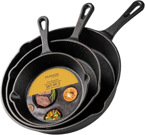 nuovva Pre-Seasoned Cast Iron Skillet Frying Pan Set Oven Safe Cookware for Indoor & Outdoor Use - Grill Stovetop PFOA & PTFE Free (3-Piece Chef Set 6-Inch 15cm 8-Inch 20cm 10-Inch 25cm)