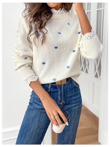 GORGLITTER Women's Heart Lace Cute Fall Pullover Sweater 2025 Long Sleeve Trendy Knitwear Valentine Sweater Jumper4
