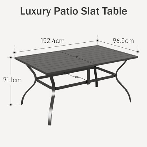 PHI VILLA Gartentisch Outdoor Terrasse Tisch für 6 Personen 152 * 95cm Rostfreier Stahlrahmen mit Sonnenschirmloch Outdoor Garten Esstisch Wetterfest