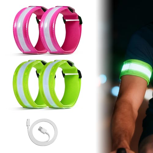 PORFOYO Lot De 4 Brassard Lumineux LED, Brassard Reflechissant LED, Bracelets LED Rechargeable, 5 Couleurs 3 Modes, Étanche & Réglable, Brassard De Course...
