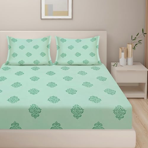 Image of Swayam Zinnia Collection Premium Mercerized Pure Cotton 250TC Ethnic Motif Print King Bedsheet with 2 Pillow Covers - Green
