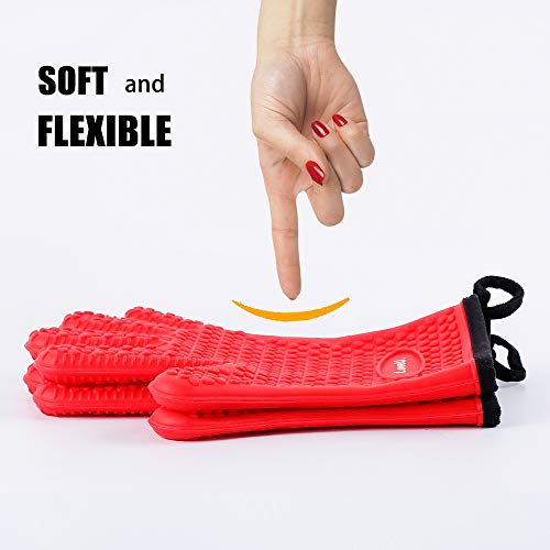 Image of Kitchen Oven Gloves - Dual-Layer Heat Resistant Grilling Gloves, Silicone Oven Mitts with 5 Fingers, Waterproof Non-Slip Pot Holder for Barbecue, Cooking, Baking (XL-XXXL, Red)