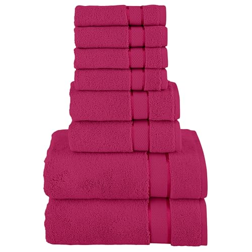 Image of Elegant Comfort Premium Cotton 8-Piece Towel Set, Includes 4 Washcloths, 2 Hand Towels and 2 Bath Towels, 100% Turkish Cotton - Highly Absorbent and Super Soft Towels for Bathroom, Hot Pink