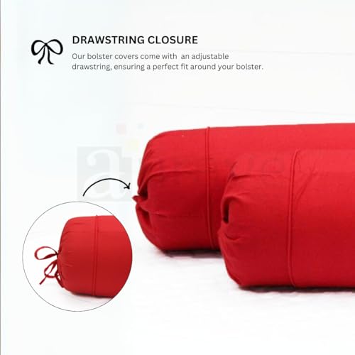 Image of AURAVE Cotton 210 TC Bolster Cover with Drawstring Closure, Set of 2, Soft Breathable Durable Machine Washable for Sofa Bed & Home Decor, 15 inchx30 inch Red | Cover Only