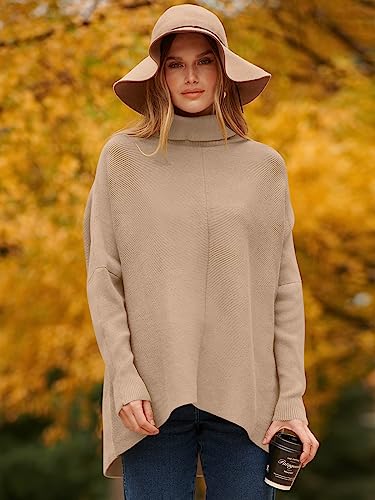 Image of ANRABESS Womens Casual Fall Sweater Turtleneck High Neck Batwing Sleeve Oversized Sweater Dress A87-shenxing-S Deep Apricot