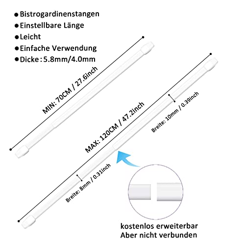 2 Stücks Gardinenstange kleben, Bistrogardinenstangen, Vorhangstange Ausziehbar, für Store, Schrank, Fenster, Küche, DIY-Projekte (70-120CM, Weiß)