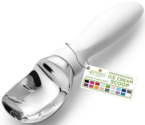 Spring Chef White Commercial Ice Cream Scoop with Comfortable Handle - Heavy Duty Metal Ice Cream Scooper for Frozen Yogurt, Gelato, Sorbet, Melon, Sundae - Dishwasher Safe Kitchen Tool