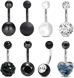 Funseedrr 8pcs 14 Gauge Black Belly Button Rings Set Barbells Stainless Steel Navel Belly Bars 10mm Heart Stone Body Piercing Jewellery