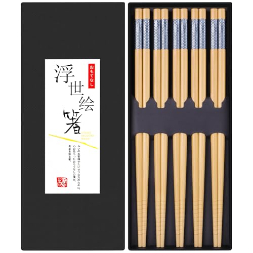 Image of Antner 5 Pairs Bamboo Chopsticks Reusable Japanese Style Chopstick Gift Sets, Classic Natural Bamboo Chop Sticks Dishwasher Safe, 8.8 Inch /22.5cm