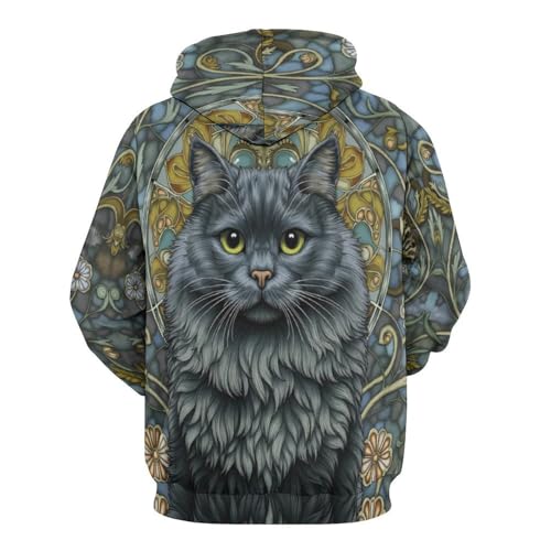 Sweat à capuche chat noir vitrail unisexe décontracté à manches longues