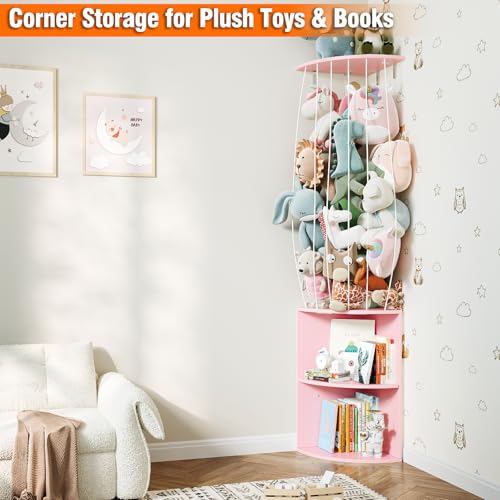 Image of 74.7 inch H Stuffed Animal Storage with 2-Tier Corner Bookshelf - Wall Mount Height Adjustable Plush Toy Organizer, Wooden Kids Bookshelf for Small Spaces Nursery Playroom Kids Room, Pink