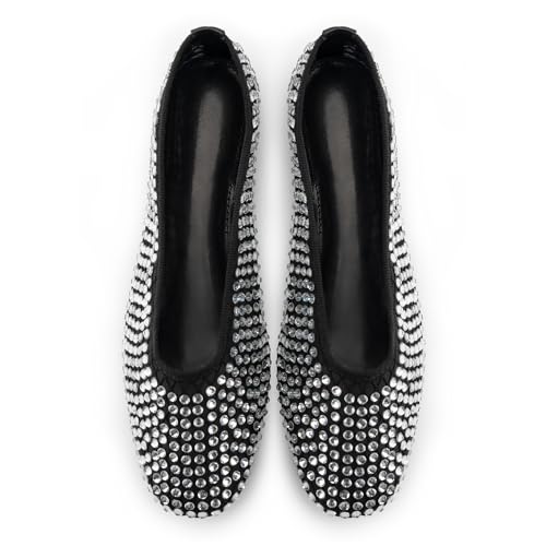 WIRALOMI Rhinestone Ballet Flats for Women Sparkly Ballerina Flats Comfortable Mesh Glitter Party Wedding Dress Shoes