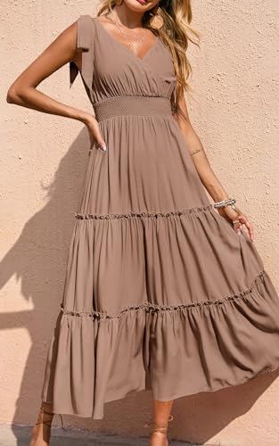 Image of PRETTYGARDEN Women's Cross Neck Summer Sleeveless Tiered Maxi Dress Beach Tie Strap Smocked Long Dresses Pleated Sundress