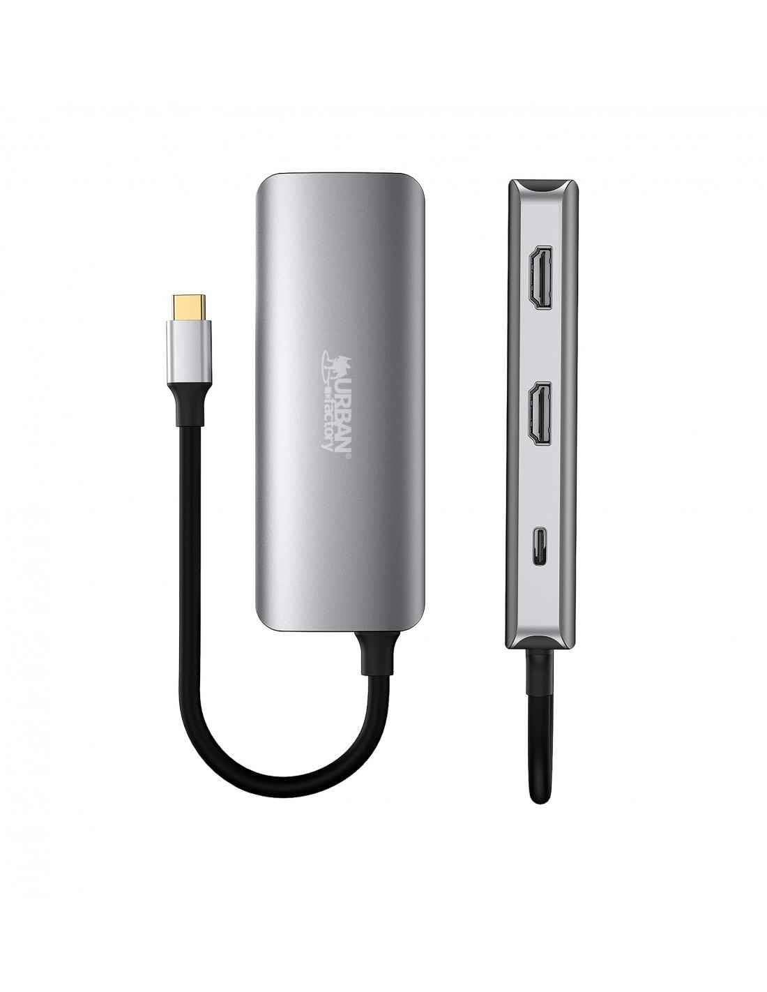 Urban Factory HUBEE Hub USB-C 7 en 1 – 2 HDMI 4K 30Hz, 3 USB-A 3.0, Ethernet RJ45 1Gbps, USB-C Power Delivery 100W, Adaptateur Multiport PC Mac Laptop