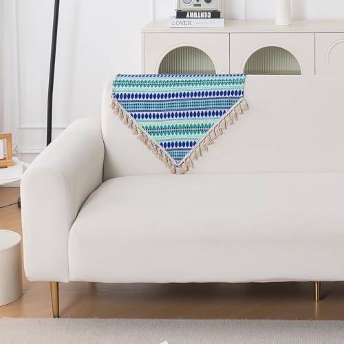 Image of HOKIPO 'Artisan Boho Series' Sofa Backrest Cover with Tassel | 450 GSM Thick Cotton Acrylic Jacquard Fabric Backrest Mat, Size 55x80 cm, Royal Blue (IN-900-A2)