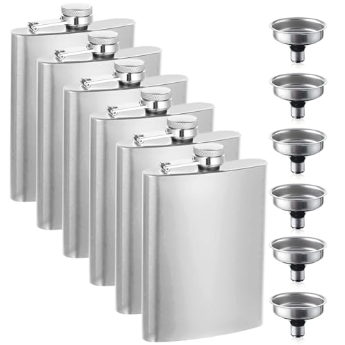 Wapasezyar Fiaschetta in acciaio inox con imbuto, fiaschetta da 227 ml, colore nero, adatta per il trasporto di alcol e grappa, set di bottiglie portatili per uomini e donne (6, argento)