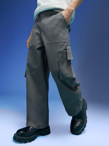 Image of Veirdo Baggy Fit with Button Closure Solid Lycra Woven Cargo Pants for Men (Colors: Beige, Black, Brown, Grey, Navy & Olive)