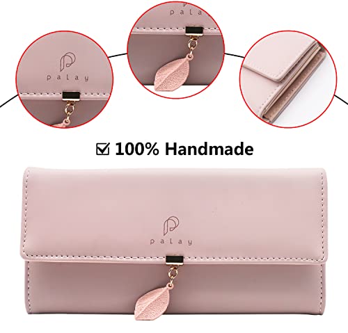 Image of PALAY Women's PU Leather Long Wallet with Leaf Pendant Card Holders Phone Pocket Girls Zipper Coin Purse (Pink) | Organized Storage with Card Holders and Phone Pocket; PU Leather, Zipper Coin Compartment, Leaf Pendant Detail for Daily Carr