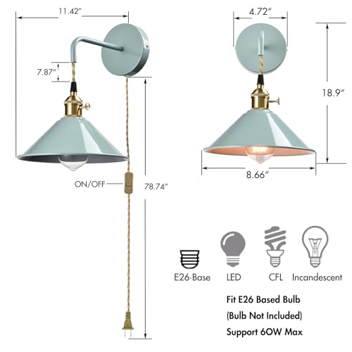 Image of Sea Green Wall Sconce 2-Pack, Hanging Height-Adjustable Wall Lamp, Plug-in&Hardwire Optional Wall Light Fixture with On /Off Switch for Bedroom Coffee Bar