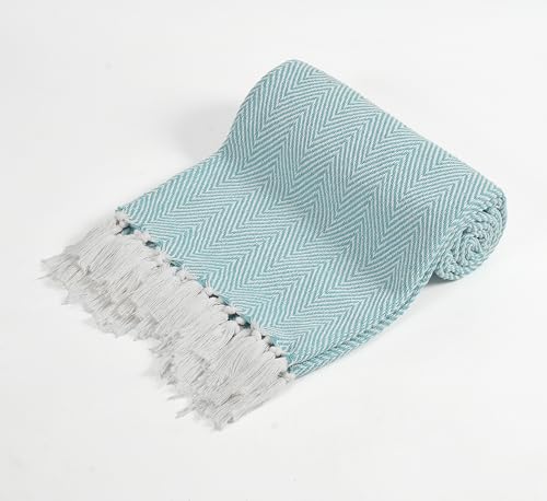 Image of Sky Blue Chevron Cotton Throw Blanket for Sofa & Bed | Soft Lightweight Textured Couch Throw with Tassels | Decorative Zig Zag Pattern (125x150 cm)