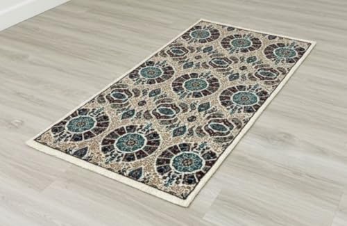 Image of Premium Runner Carpet, Vintage Medallion Pattern, Non Slip, Thick, Ideal for Bedroom, Living Room & Entryway, 3x5 Feet Ivory Multi Color