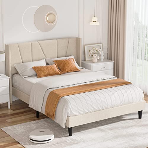 Hombck Full Size Bed Frame With Geometric Wingback Headboard, Modern Fabric Upholstered Platform Bed Frame Full With Strong Wood Slat Support, No Box Spring Needed, Easy Assembly, Beige #TOP6
