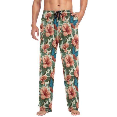 ALAZA Hibiscus Flowers Butterfly Men’s Pajama Pants Soft Long Sleep Pants Lounge Pajama Bottoms with Pockets3