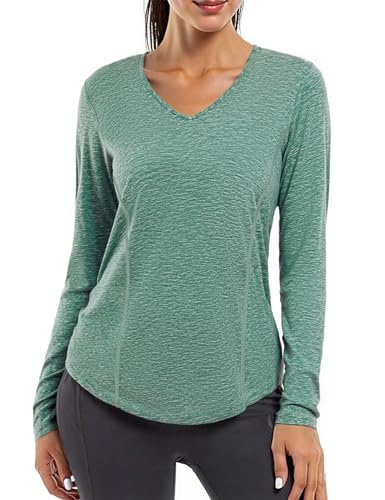 Gyabnw Camisetas Deporte Mujer Cuello en V Manga Larga Malla Trasera Top Deportivo Transpirable Ropa Yoga Fitness Pilates