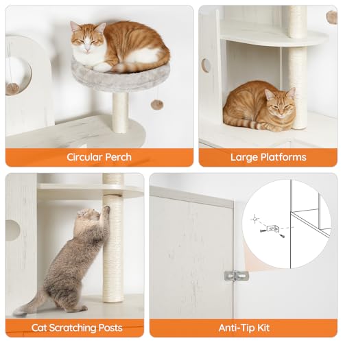 HOOBRO Cat Litter Box Enclosure Furniture for 2 Cats, 2 in 1 Hidden Litter Box Furniture with Sisal Scratching Posts and Dangling Balls, Double Litter Box Cabinet with Cat Tree, Indoor Cat House White - Thumbnail 7