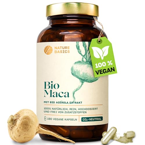 Bio Maca - 180 Kapseln hochdosiert / 2852 mg Maca Pulver & 12 mg natürliches Vitamin C aus Acerola pro Tagesdosis/Vegan, Zertifiziert & Nachhaltig im Glas