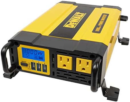 DEWALT DXAEPI1000 Power Inverter 1000W Car Converter with LCD Display: Dual 120V AC Outlets, 3.1A USB Ports, 12V DC Adapter, Battery Clamps