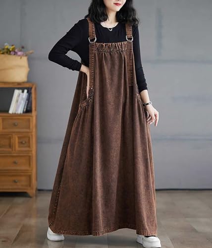 Image of Women's Casual Loose Denim Dress Sleeveless Adjustable Straps Denim Jumper Dress with Pockets