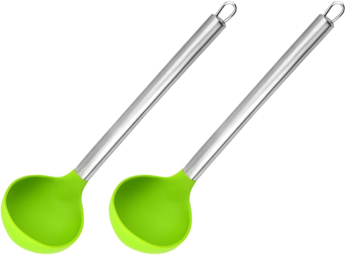 Silicone and Stainless Steel Soup Ladles Set 2pcs Heat-resistant Cooking Spoons for Household Kitchen Serving with Green Handles