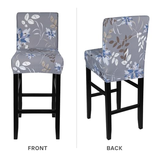 Image of SearchI Bar Stool Covers Set of 2, Stretch Washable Barstool Seat Covers, Counter Height Chair Covers for Kitchen Dining Room Cafe (Grey and Blue Flower)