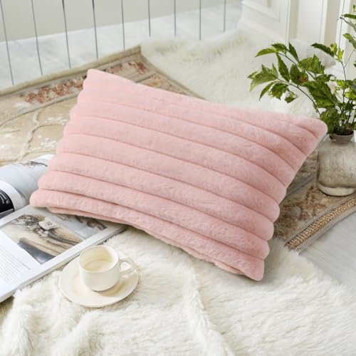 Image of decorUhome Fall Cozy Faux Fur Throw Pillow Covers 12x20 Set of 2 Decorative Soft Plush Striped Lumbar Modern Farmhouse Boho Couch Pillow Cases with Velvet Back for Sofa Bed Living Room, Pink