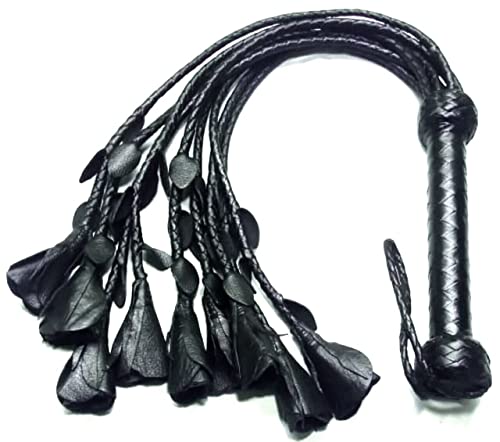Handmade Black Genuine Real Leather Cat-O-Nine Tails Flogger Roses & Petals Whip
