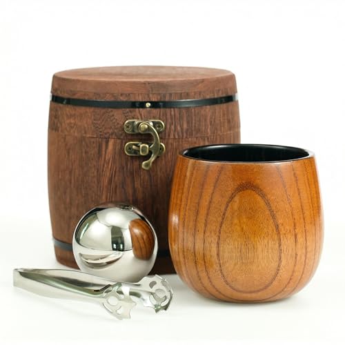 LAHAQIQI Whiskyglas aus geflammtem Holz in Holzfass-Box (300ml) Rustikales Geschenkset für Männer Bruchsicherer Tumbler mit 55mm XL Eiskugel Für Geburtstag Jahrestag Vatertag