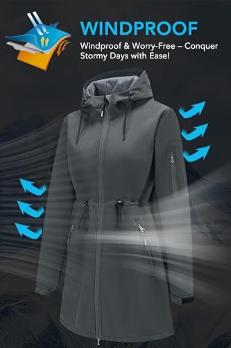 Image of FARVALUE Women's Long Softshell Jacket Waterproof Lightweight Warm Windproof Hooded Fleece Lined Rain Coat for Outdoor