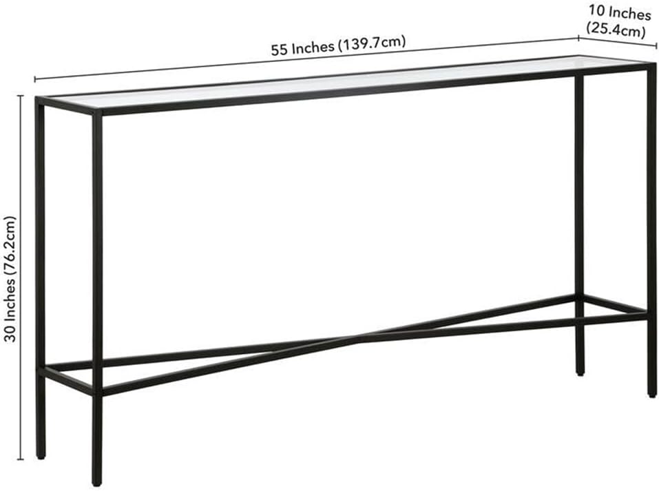 Pemberly Row 55" Blackened Bronze Metal/Glass Console Table, Tempered Glass Top, Geometric Crossbar Design, Modern Industrial Style Accent Table for Living Room or Entryway Use