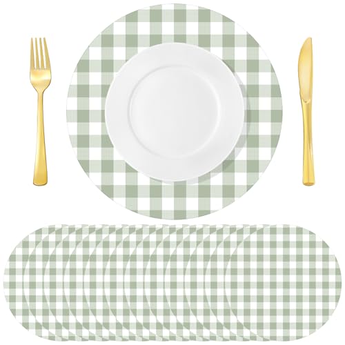 Funnymoom 60 Pcs Green and White Gingham Disposable Paper Placemats Round Table Place Mat Summer Checkered Decorative Paper for Baby Shower Wedding Birthday Party Dinner Table Decor